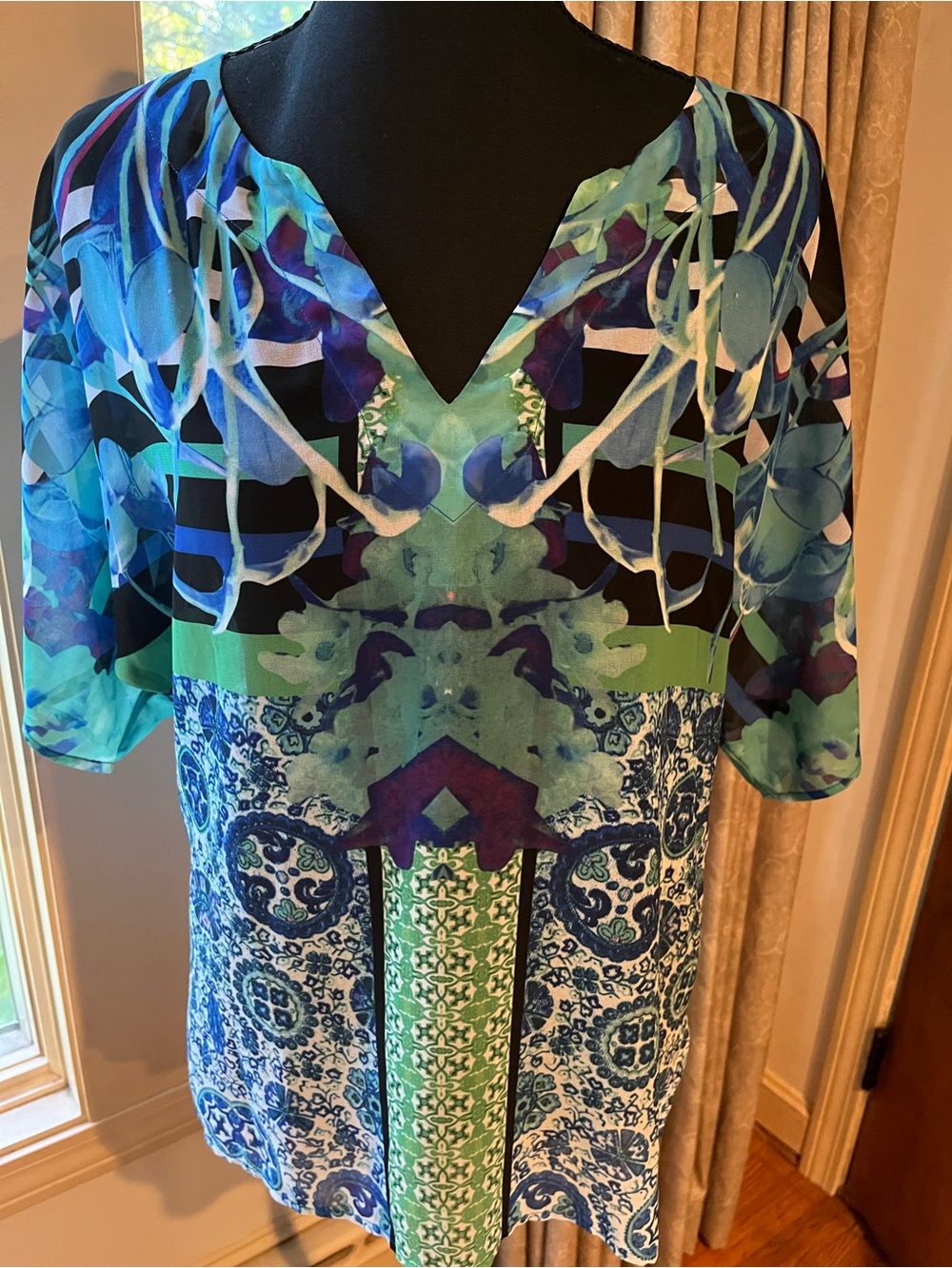 Hale Bob Blue & Green Printed V-Neck Top
